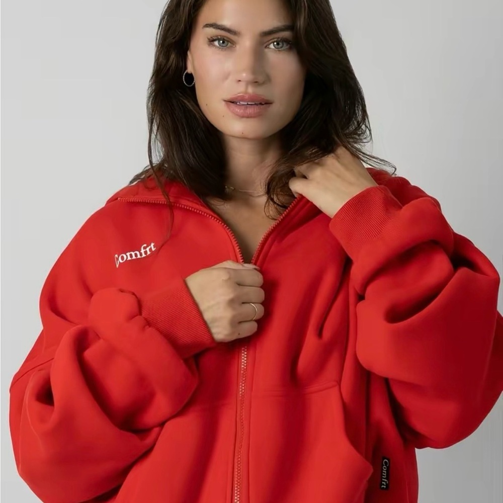 Comfrt Red Oversized Zip Up Jacket